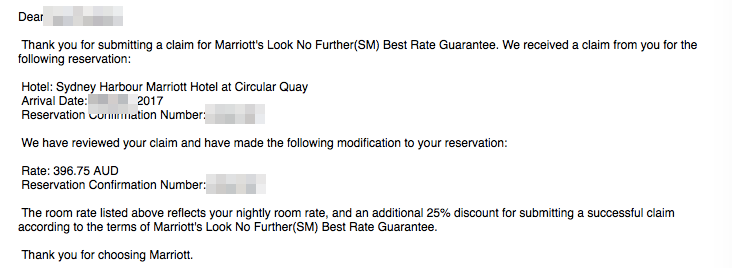 ベストレート保証の申請結果例マリオット公式サイトでのホテル宿泊料金例「シドニー・ハーバー・マリオット・ホテル・アット・サーキュラー・キー」