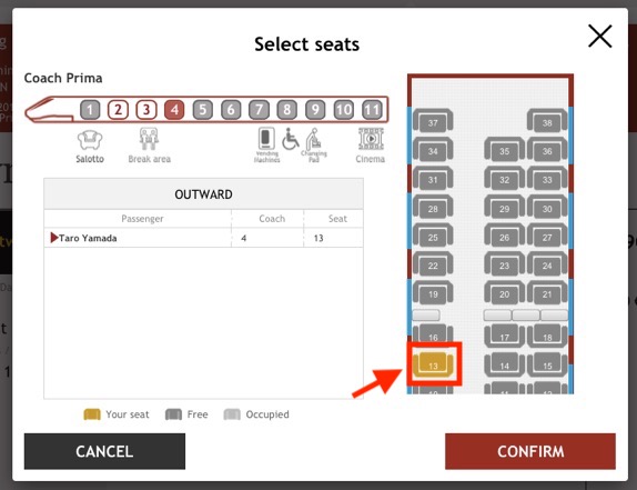 イタロ（Italo）のチケット予約方法：座席指定2