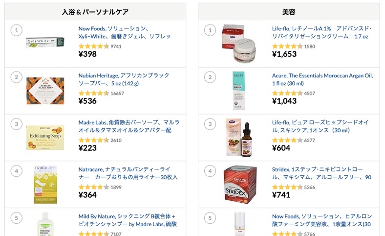 「入浴＆パーソナルケア」と「美容」の人気商品のランキング