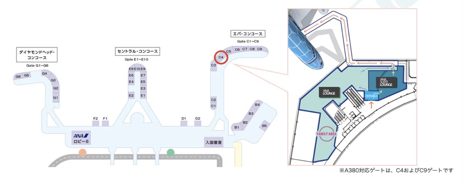 ホノルル空港マップ（ANAラウンジの場所）