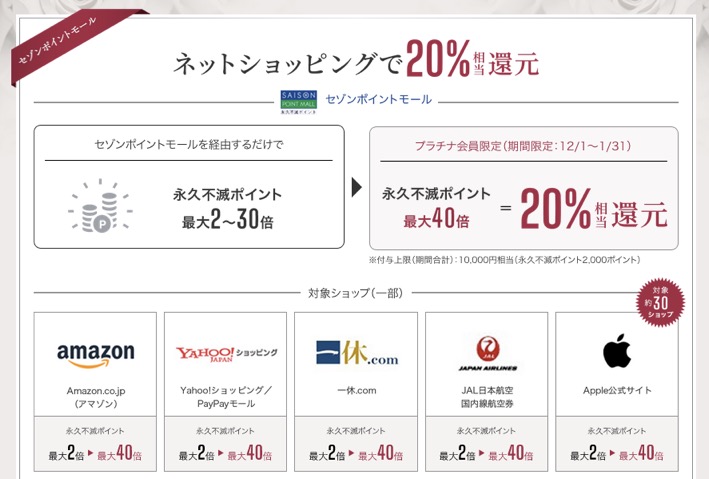 セゾンプラチナAMEXで20％ポイント還元：ネットショッピング概要