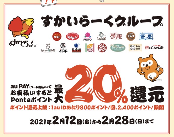 au Payの20％還元キャンペーン：すかいらーくグループ