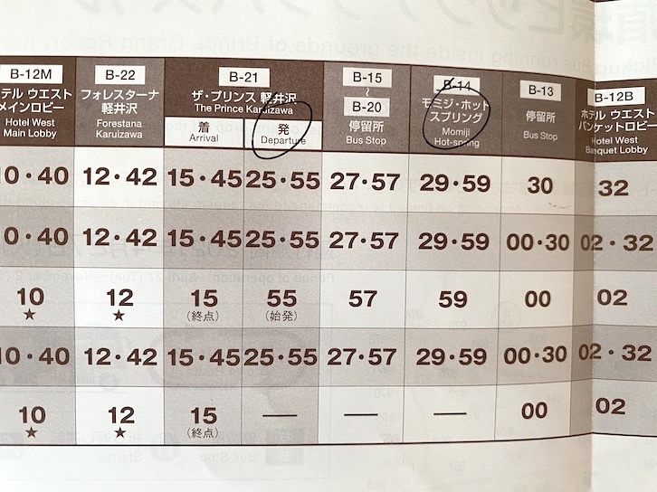 ザ・プリンス軽井沢：ピックアップバスの時刻表