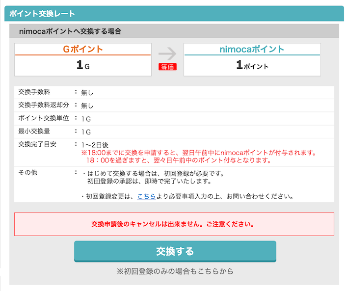 「Gポイント」から「nimocaポイント」への交換の仕様