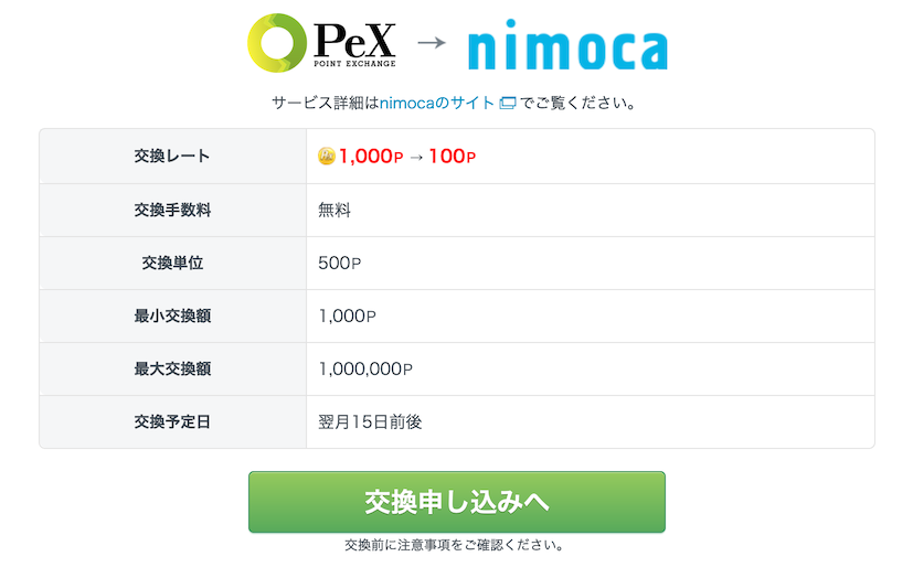 「PeX」から「nimocaポイント」への交換の仕様