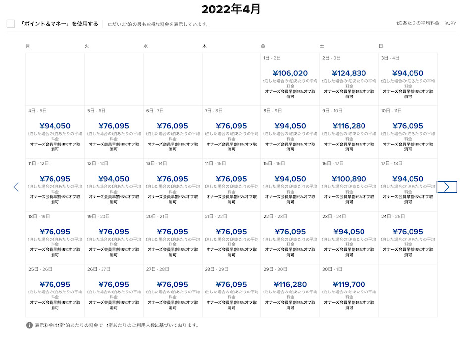 「ROKU KYOTO」の価格表（2022年4月の例）