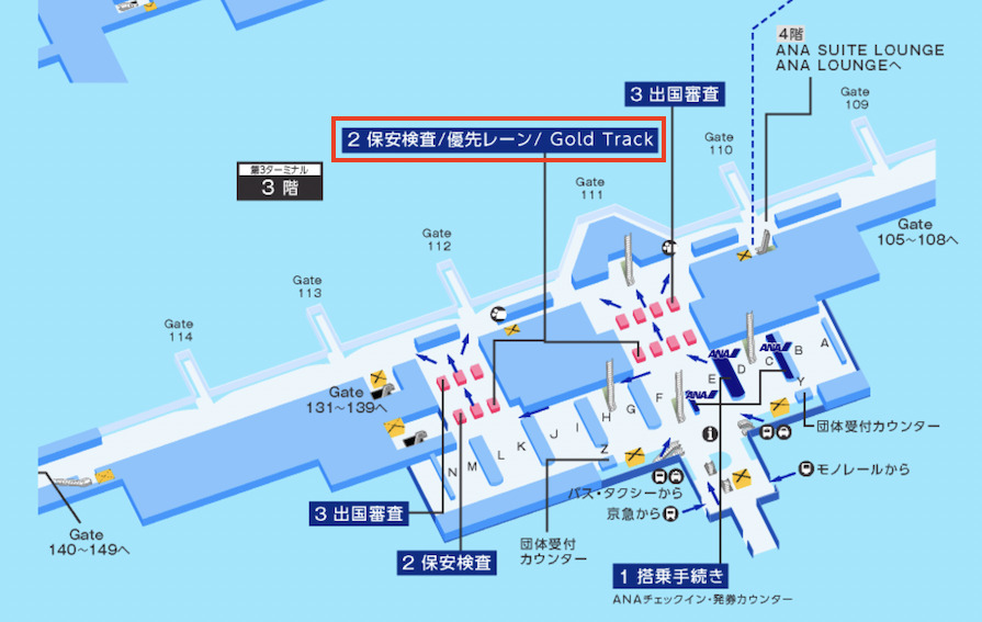 羽田空港国際線：保安検査/優先レーンのマップ