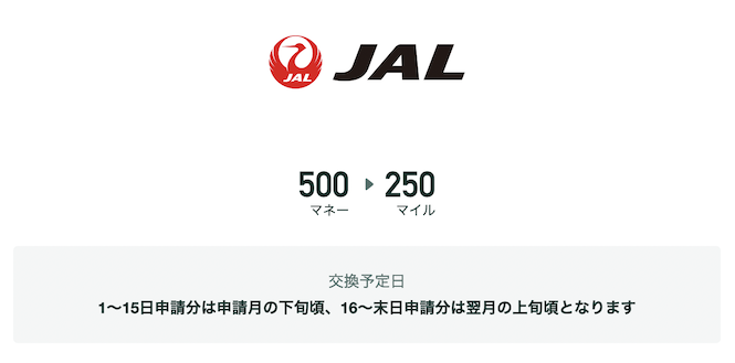 ドットマネー「JALマイル」への交換