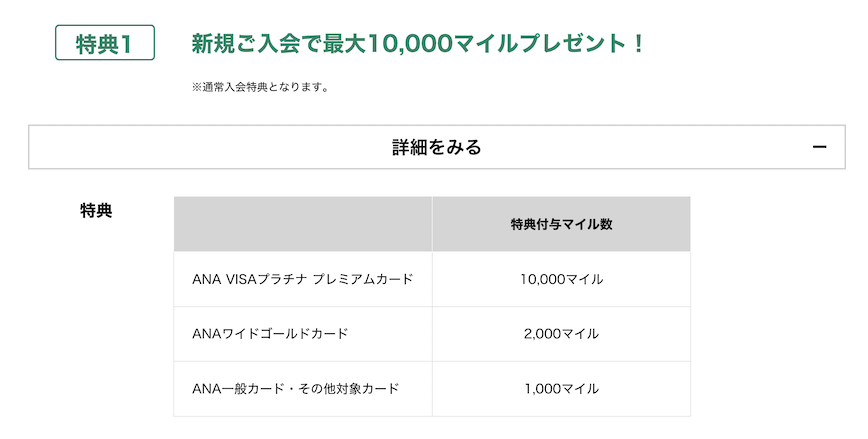 ANAカードの入会キャンペーン（ANA主催）：特典1の内容