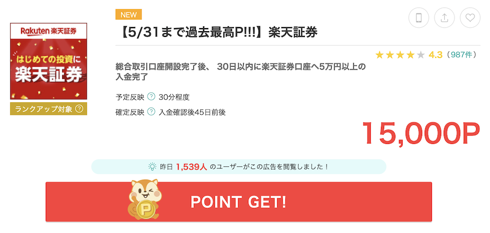 モッピー「楽天証券」の口座開設案件（15,000P）