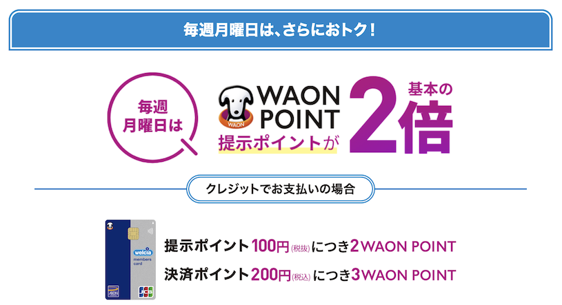 ウエルシアカードの特徴2：毎週月曜日はWAON POINTが2倍（提示ポイント）