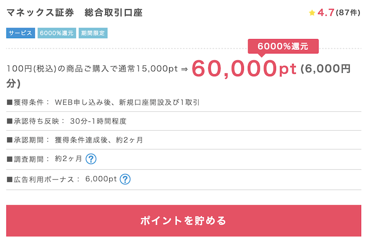 ポイントインカムの案件例「マネックス証券」