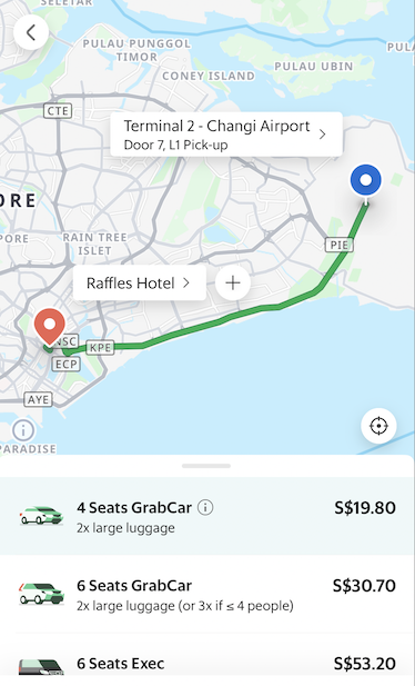 Grabの料金例：チャンギ空港から市内のホテル