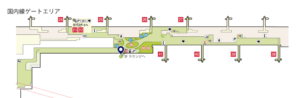 関西空港「ラウンジKANSAI」の場所：国内線第1ターミナルのマップ（2階）