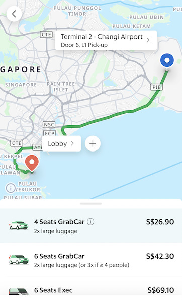 Grabの料金例：チャンギ空港からセントーサ島のホテル