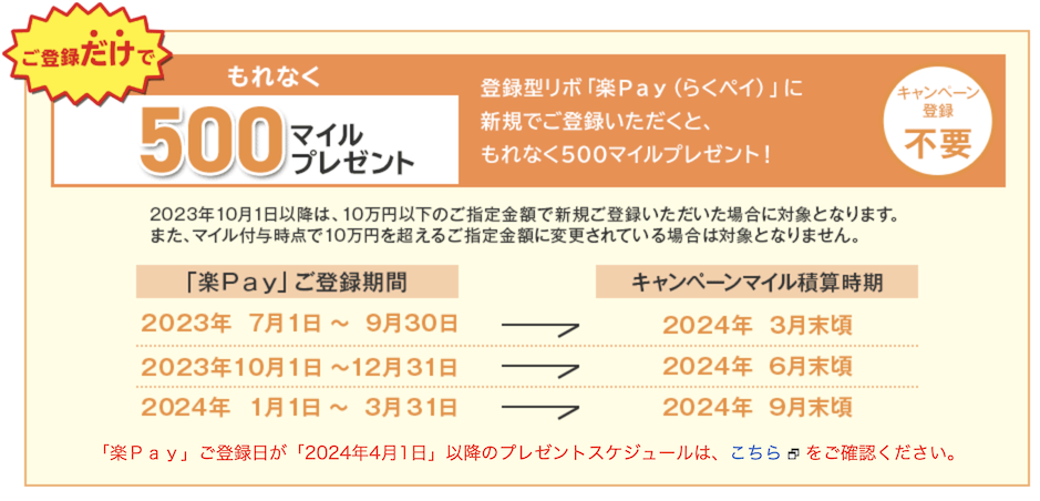 楽Pay登録＆利用特典（三菱UFJニコス限定）で最大5,500マイル：キャンペーン内容（1）