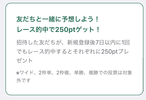 新規登録でもらえる1,000ポイントでレース的中すると250ポイントがもらえる