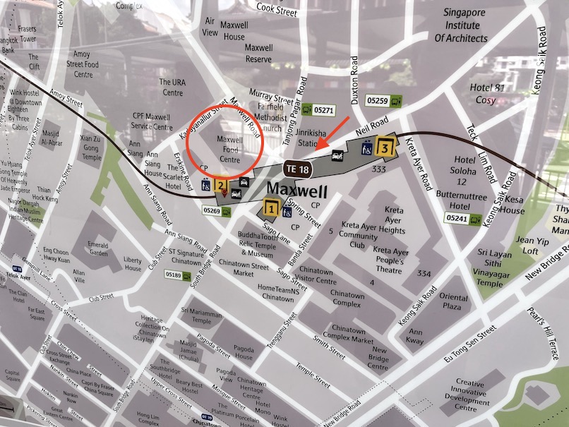 MRT「マックスウェル駅」とマックスウェルフードセンターの地図