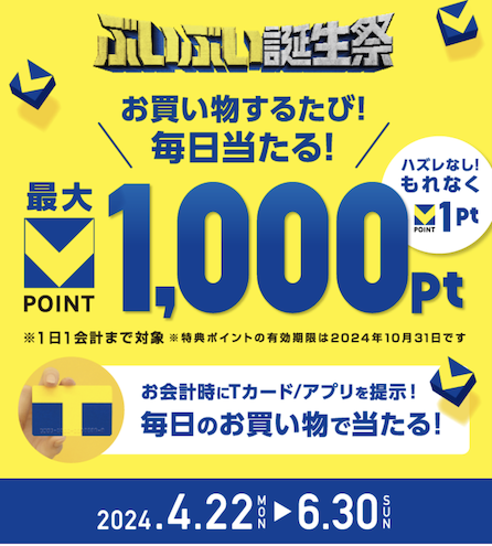 新Vポイント「Tカード/アプリ提示で最大1,000ポイントが当たるキャンペーン」