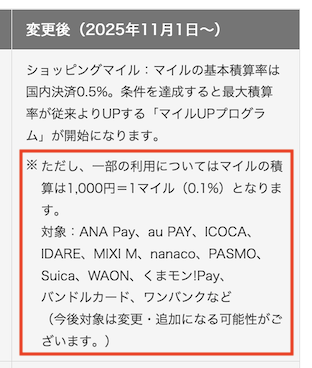 プリペイドカード、電子マネーチャージ時のポイント還元率の変更（0.5％から0.1％）