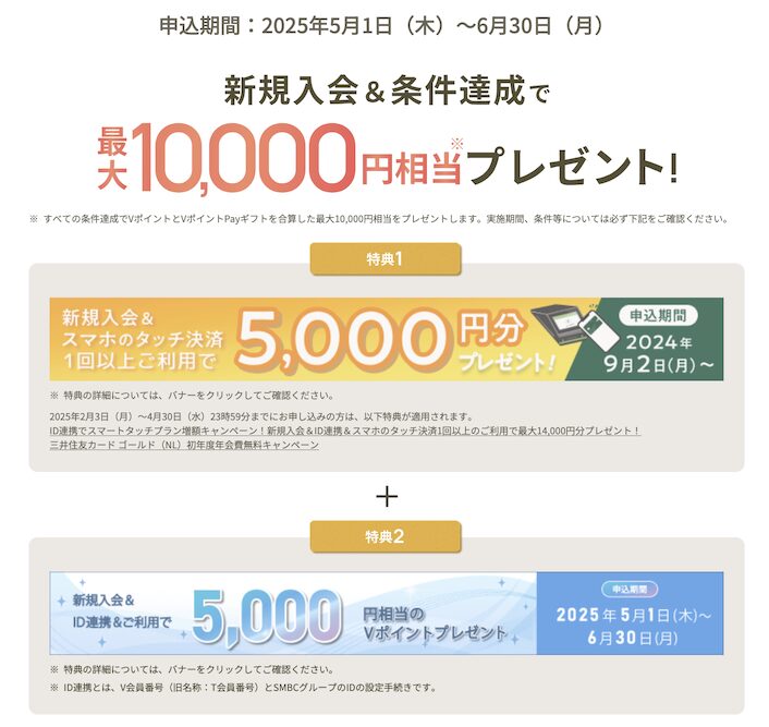 三井住友カード ゴールド（NL）の入会キャンペーン：最大10,000円分プレゼント