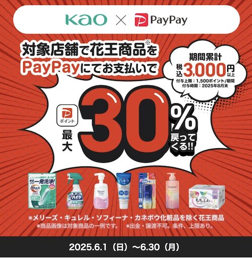 PayPay「花王商品の購入で最大30％戻ってくるキャンペーン」概要