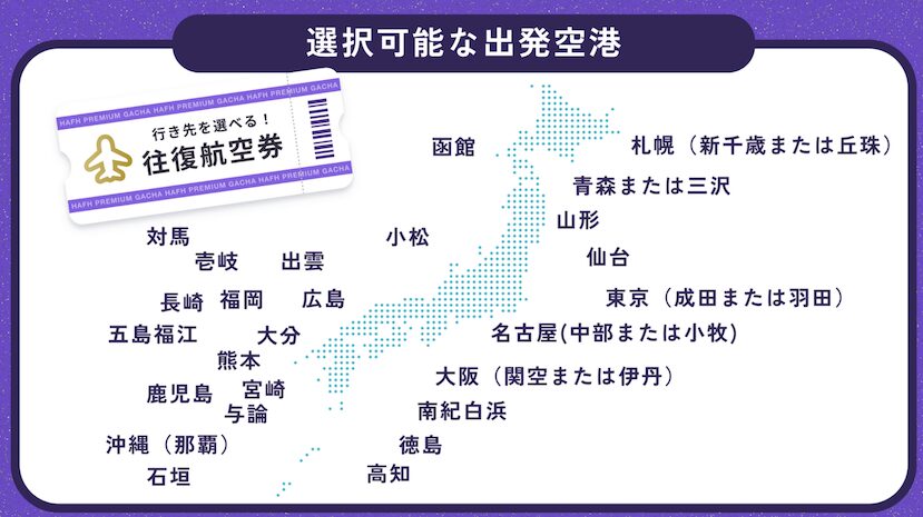 HafH「往復空旅ガチャ（出発空港）」