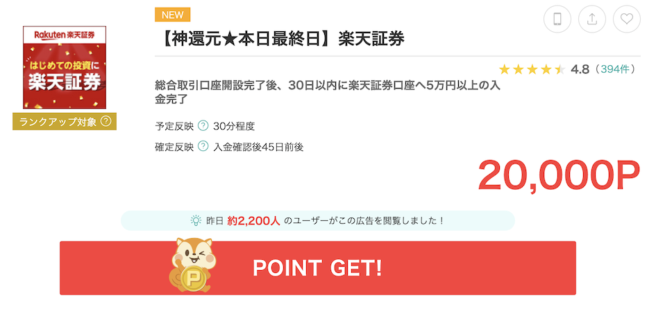 モッピー「楽天証券」案件概要（20,000P）