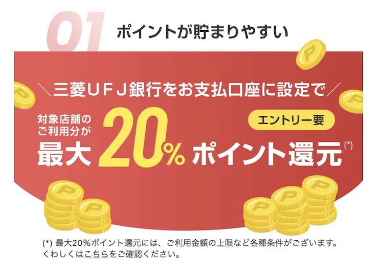 三菱UFJカードのポイント還元率：最大20％ポイント還元
