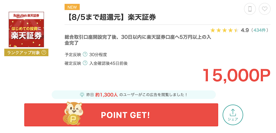 モッピー「楽天証券」案件概要（15,000P）