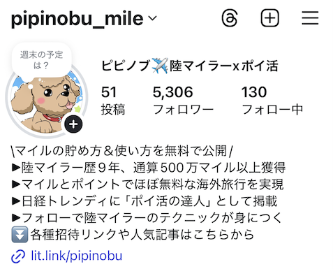 インスタのプロフィール画面（pipinobu_mile）