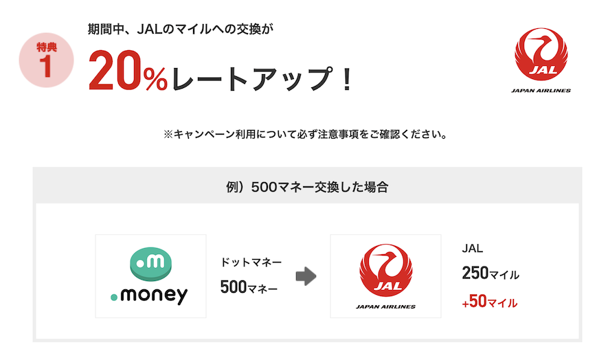 ドットマネー「JALマイルへの交換レート20％アップキャンペーン」詳細