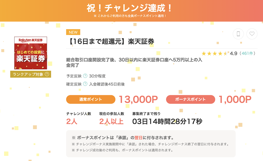 モッピー「楽天証券」案件概要（14,000P）
