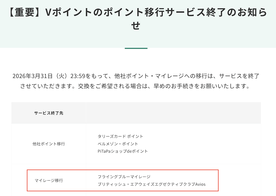 Vポイントからエールフランスおよびブリティッシュエアウェイズ（BA）への交換は2026年3月31日で終了