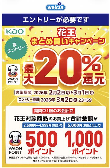 キャンペーン例「花王まとめ買いで最大20%還元」