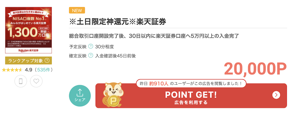 モッピー「楽天証券」案件概要（20,000P）