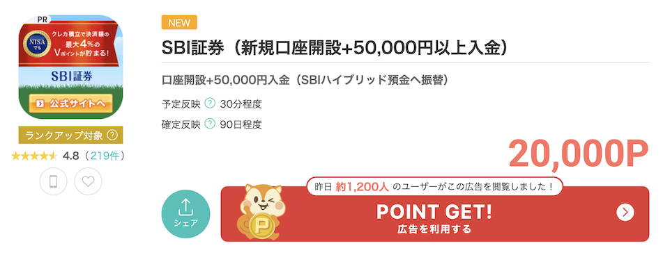 モッピーの案件例「SBI証券」(20,000P)