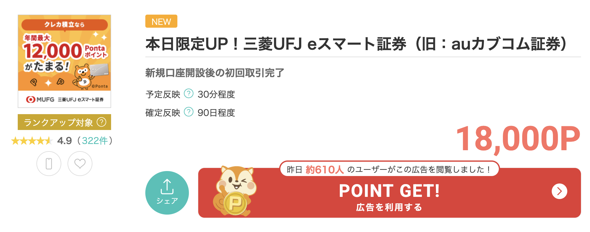 モッピー「三菱UFJ eスマート証券」案件概要